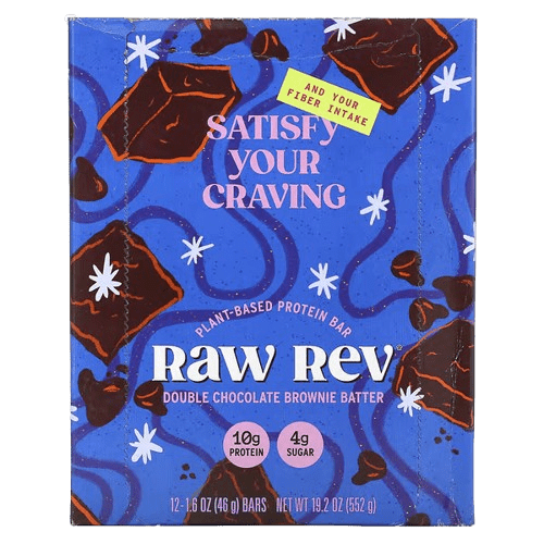 Raw Rev, Plant-Based Protein Bar, Double Chocolate Brownie Batter, 12 Bars, 1.6 oz (46 g) Each