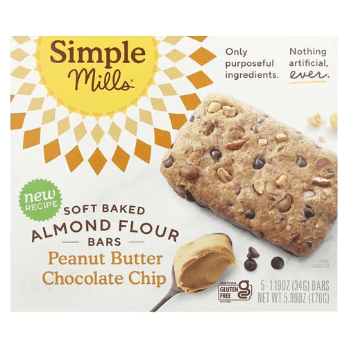 image-removebg-preview (48) Simple Mills, Soft Baked Almond Flour Bars, Peanut Butter Chocolate Chip, 5 Bars, 1.19 oz (34 g) Each